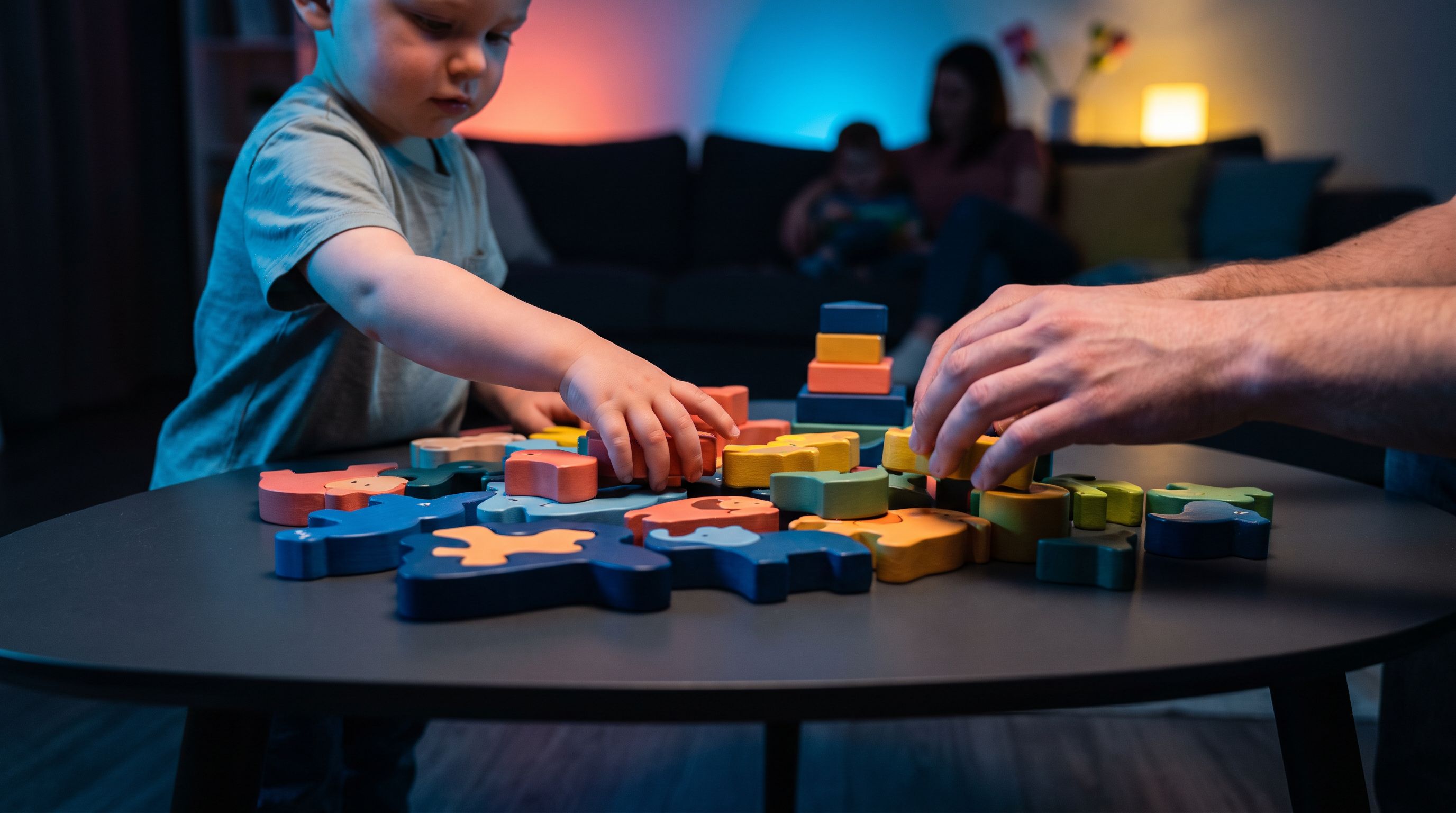 Une famille joue avec des jouets en bois écologiques